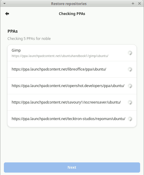 Restore wizard page 2 — PPAs being checked